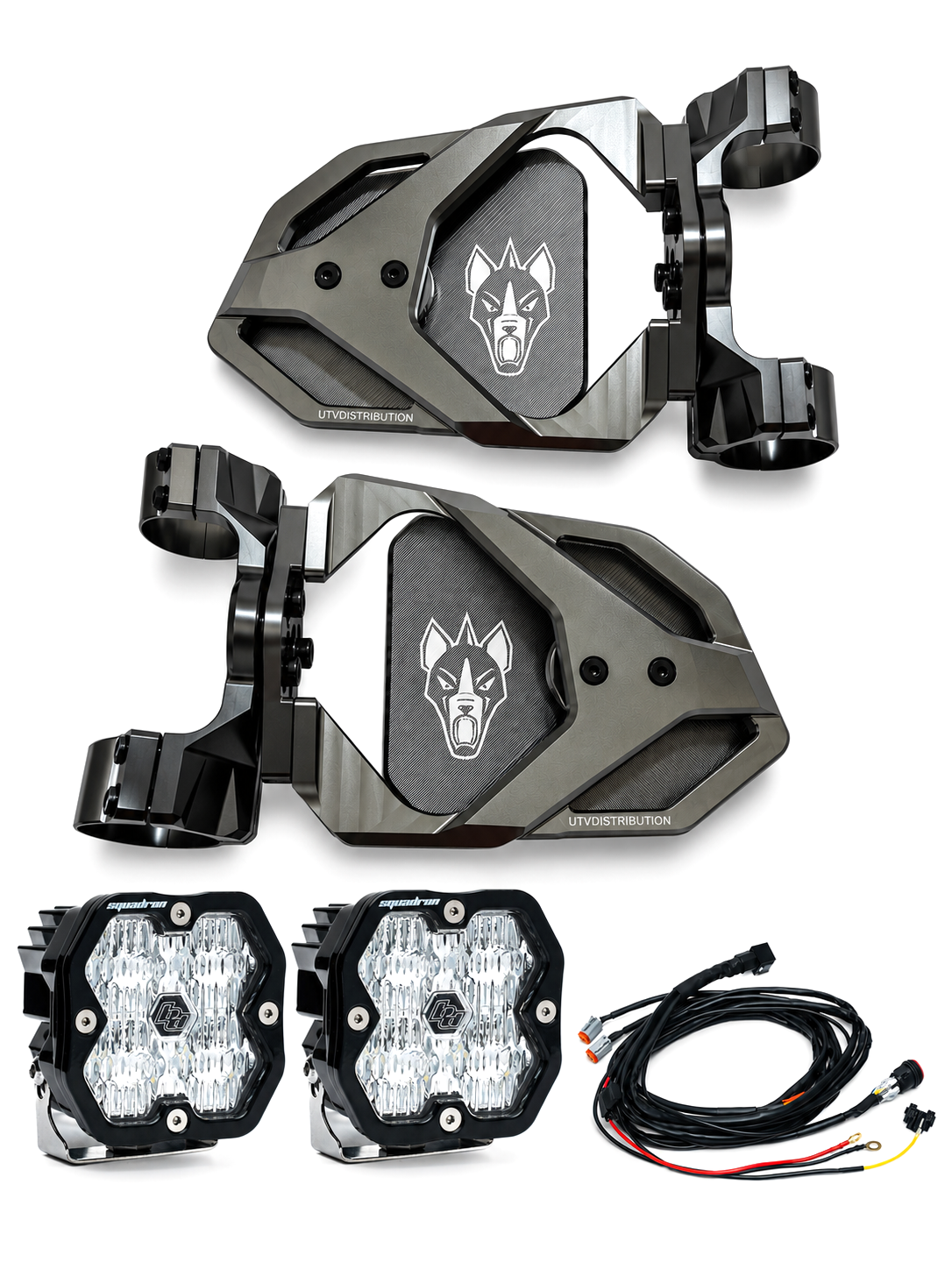 Chupacabra Offroad Titanium Gray Race UTV Mirrors (set of 2) With Baja Designs Squadron Sport Lights