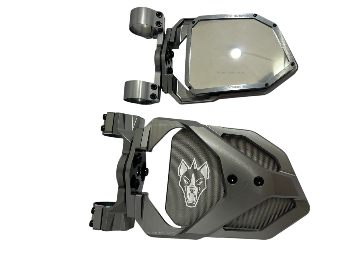 Chupacabra Offroad Titanium Gray Race UTV Mirrors (set of 2) With Baja Designs Squadron Sport Lights